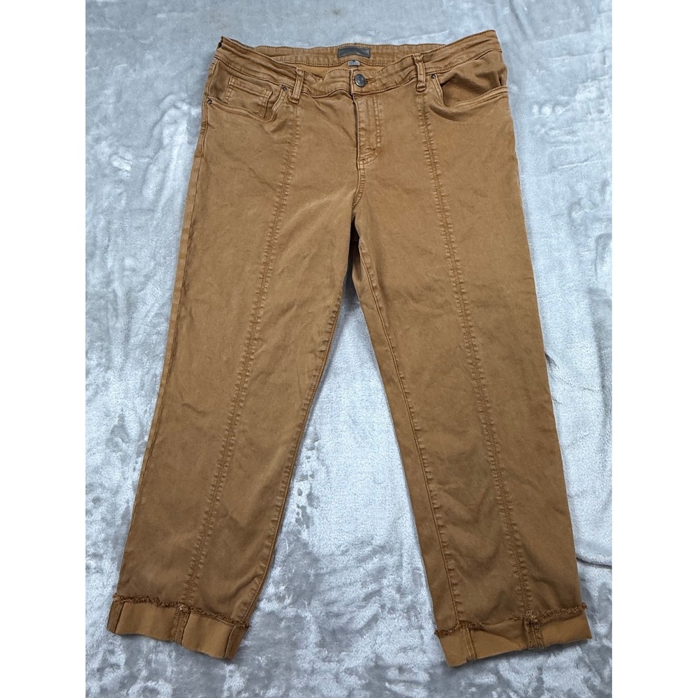 KUT from the Kloth Amy Crop Straight Leg Pants Brown Tan Frayed Hem Size 16